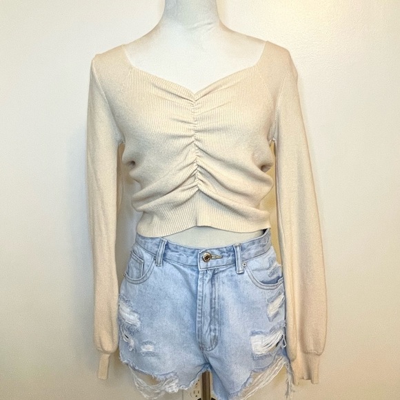 Prettygarden Ruched Knit Sweater. Apricot Puff Sleeve Y2K Style Top. Size Small - Picture 1 of 12